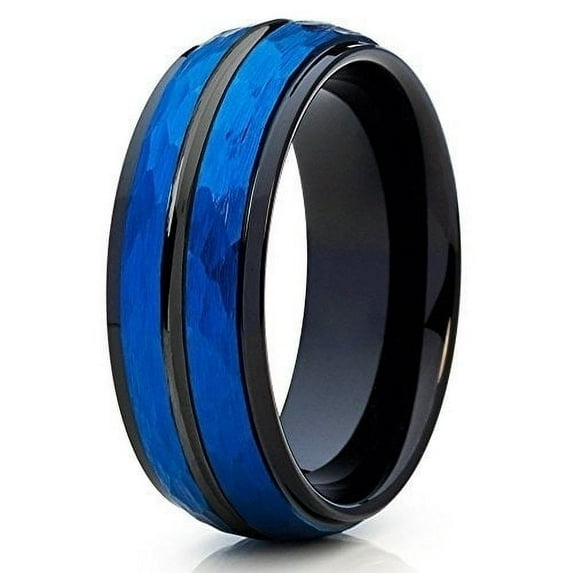 Silly Kings Jewelry Blue and Black Tungsten Ring Tungsten Carbide Ring Hammered Tungsten Ring Brushed Finish 8mm (10)