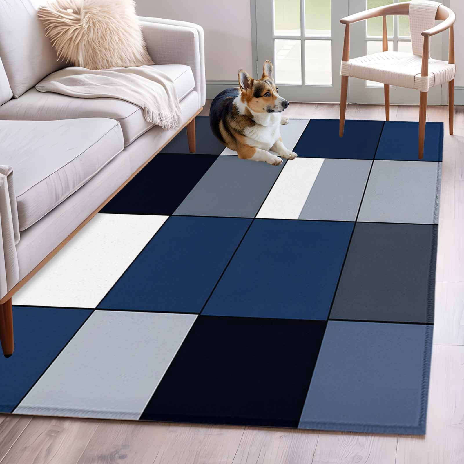 Low Profile Blue Rug Blue Black Washable Area Rug 3x5 Geometric Abstract Color Block Plaid ...