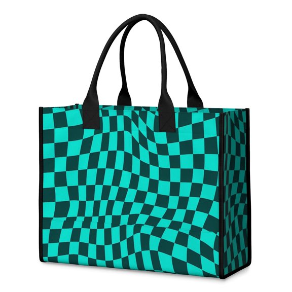 Blue and Black Wavy Checkered Pattern Beach Tote Bag, Shopping Carry Tote with Inner Pocket & Removable Bottom, Waterproof Twill Gifts for Beach Travel Picnic