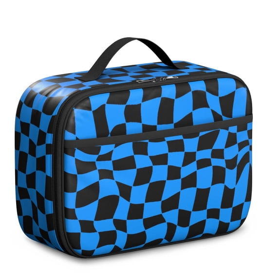 Blue and Black Wavy Checkered Pattern Insulated Lunch Bag Teens,Bento School Lunch Bag for Teens for Work,Picnic or Travel 10.6x7.7x4.3 Inches,12 Can Capacity