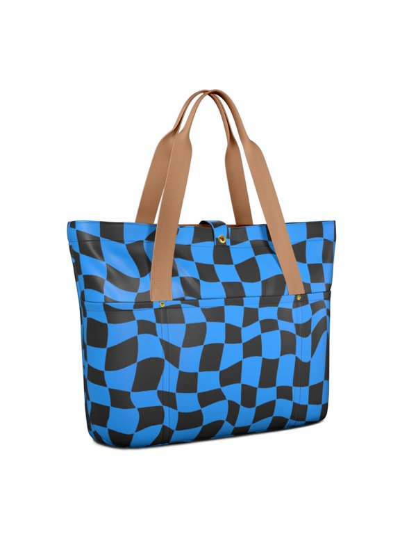 Blue and Black Wavy Checkered Pattern Large Tote Bag for Women, Polyester Roomy Carryall with Pockets and Zipper, Durable Gifts Ideas for Christmas Birthday