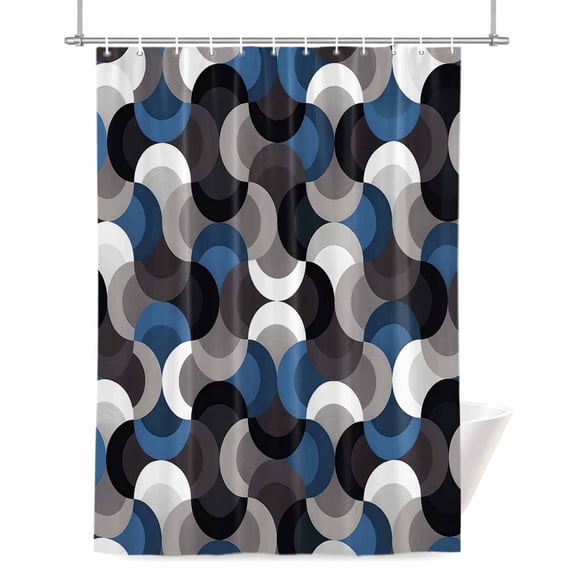 Blue Black Wavy Shower Curtain, Medieval Abstract White Grey Blue Black Texture Waterproof Shower Curtain Set with 12 Hooks Lightweight Bath Curtains Fabric Bathroom Decor 72x72 Inches