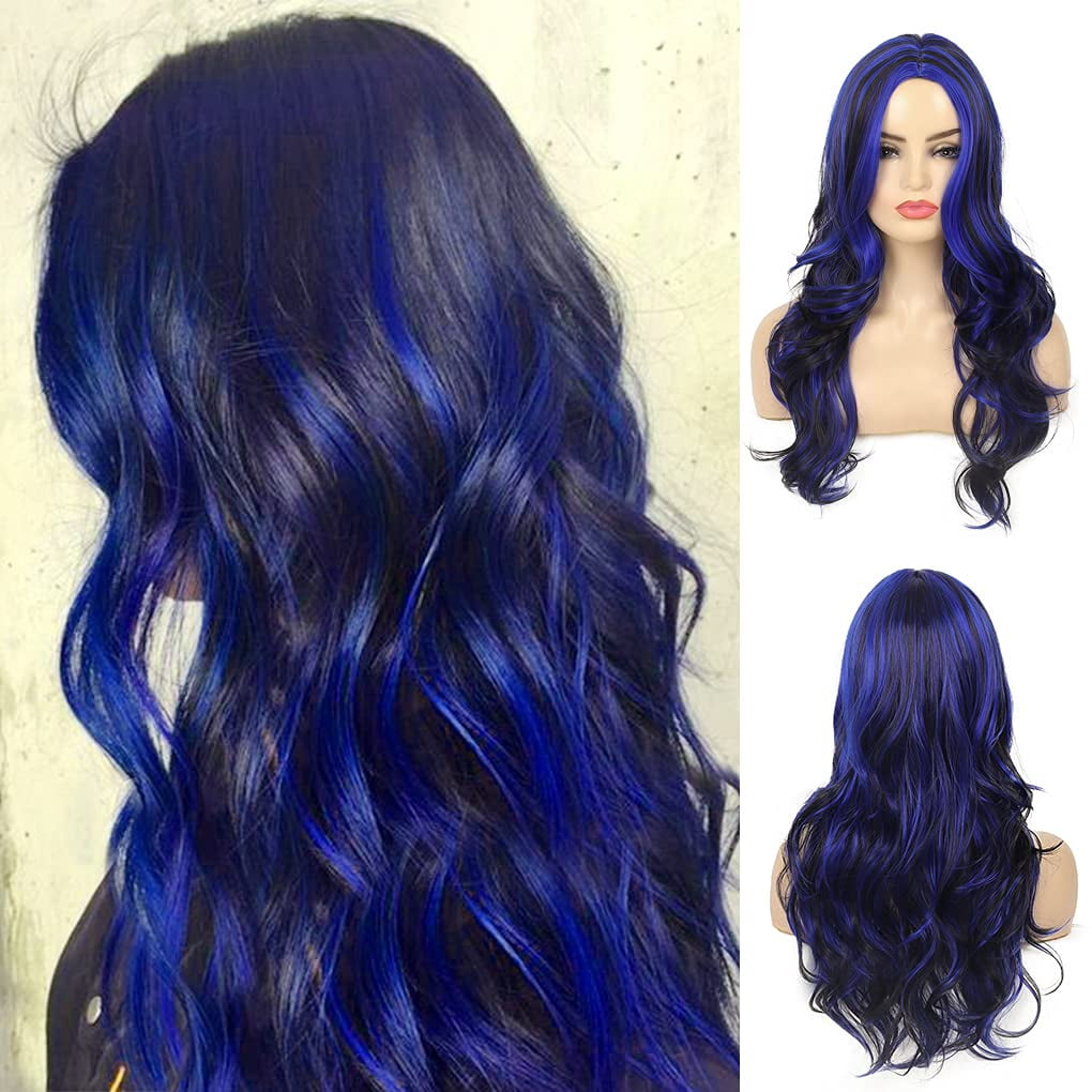 Blue Black Wigs Highlights Long Wavy Wig Layered Middle Part Synthetic ...