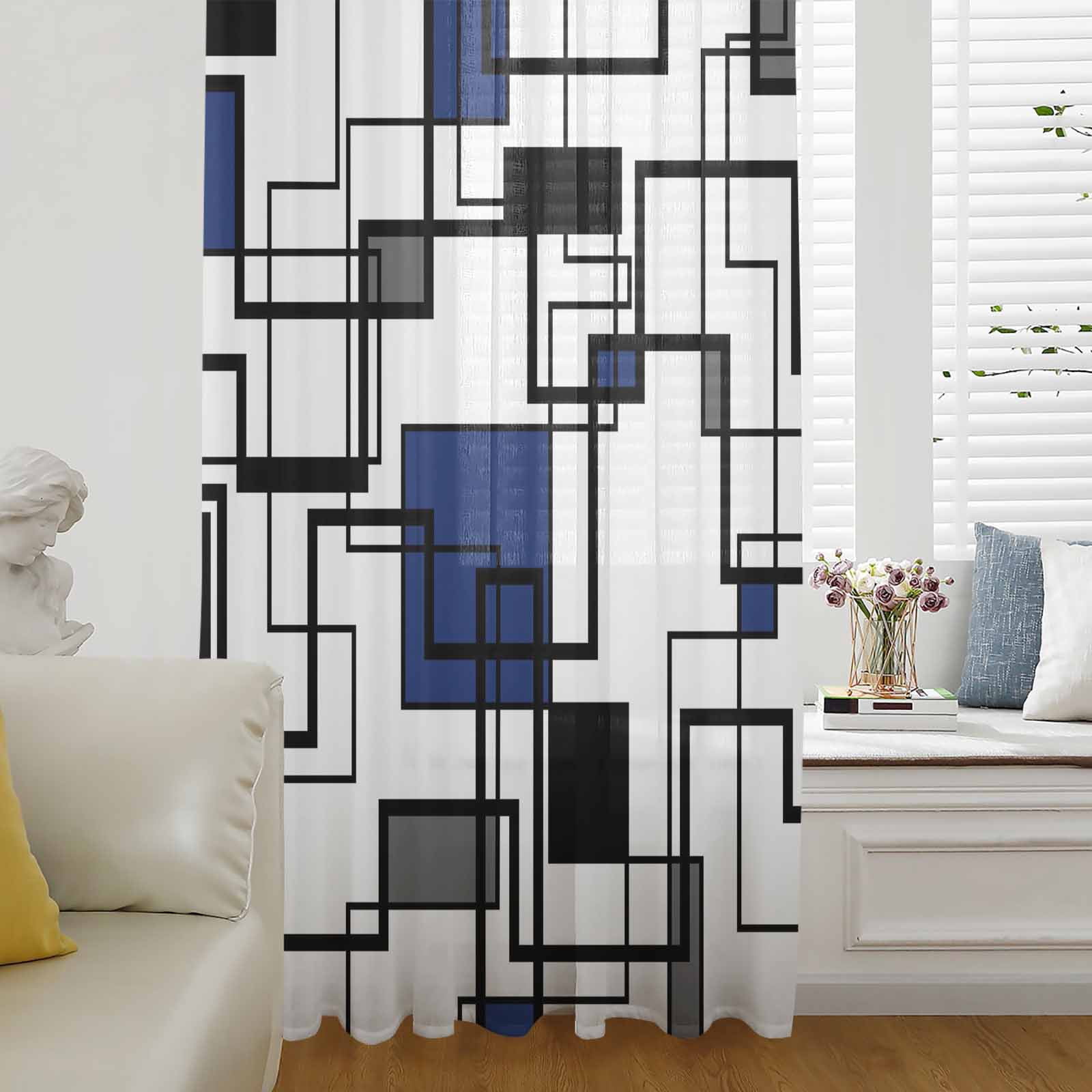 Blue Black Window Curtain 96 Inches Long,Modern Geometric Stripe White