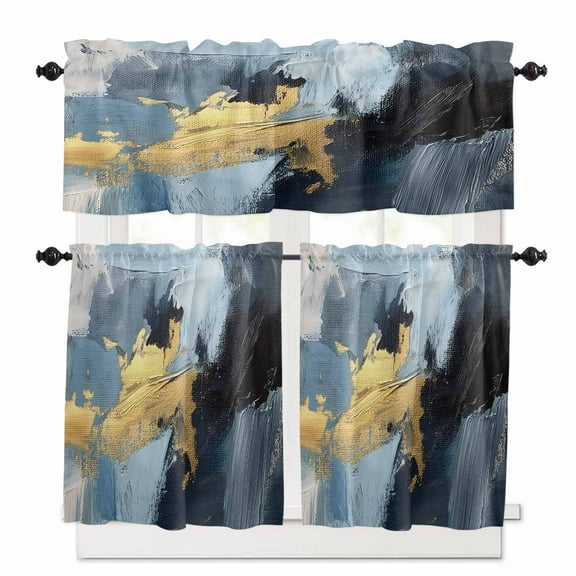 Blue Black Yellow Oil Painting Kitchen Curtains and Valances Set, 3 Piece Kitchen Curtains Set 24 Inch Length, Modern Abstract Rod Pocket Curtains Tier Farmhouse Window Curtains