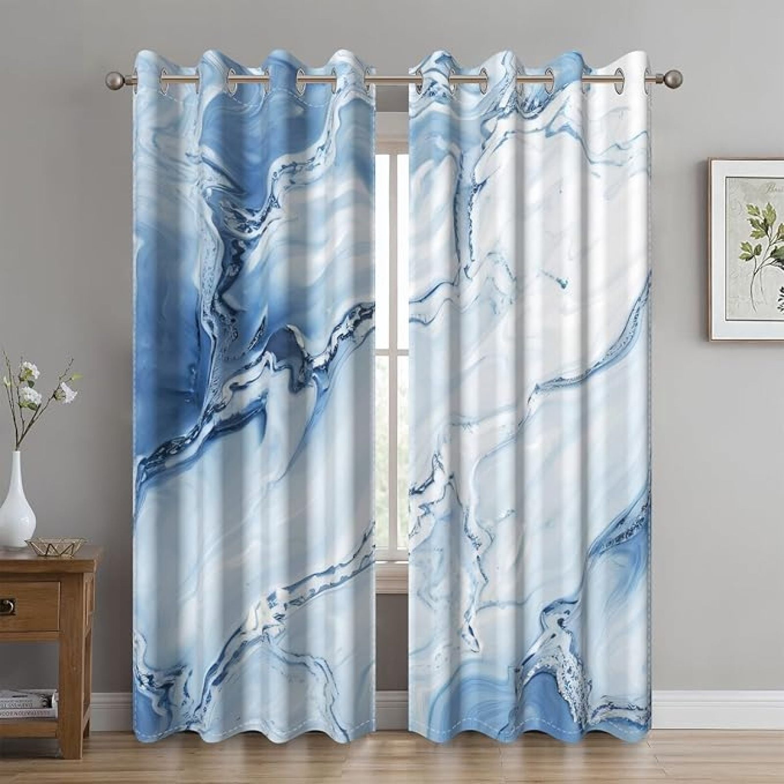 Blue Blackout Curtains, Abstract Ombre Blue And White Marble Window Curtains For Living Room Modern Room Darkening Grommet Curtains 26"W x 63"L (Pack of 2)