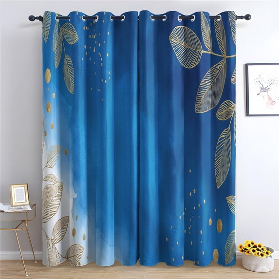 Blue Blackout Curtains, Watercolor Leaf Window Drapes for Bedroom ...