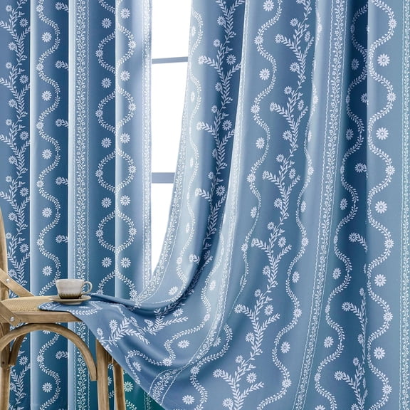 Blue Blackout Curtains for Bedroom 84 Inches Long, Full Black Out Patterned Soundproof Grommet Window Drapes, 2 Panels, 52"W x 84"L