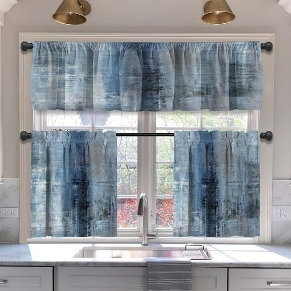 Blue Blackout Kitchen Curtains Tiers and Valances Set 3 Piece for Windows Grey Kitchen Window Curtains Set,Modern Abstract Art Valances for Living Room(36" Tiers Set)