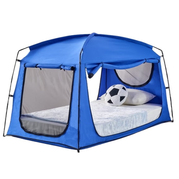 Blue Blackout Queen Size Bed Tent for Adults Kids,Sleep Autism Privacy Bed Tents Canopy Mesh Windows