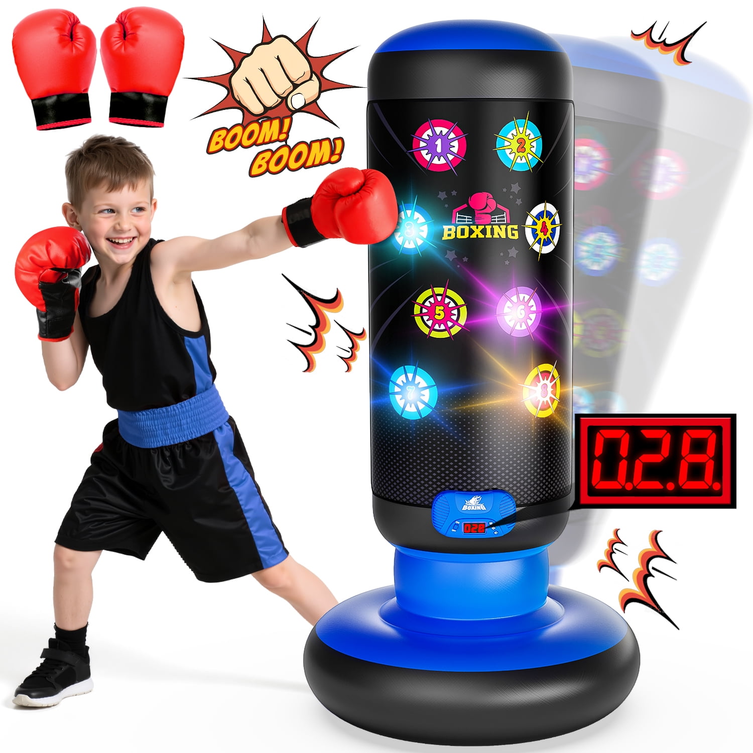 Hot Bee Kids Punching Bag with Light & Sound, Blue Inflatable Boxing Toy with Gloves, Scoring System, 4 Play Modes, Indoor Outdoor Fitness Toy Gift for Boys and Girls Ages 4-12