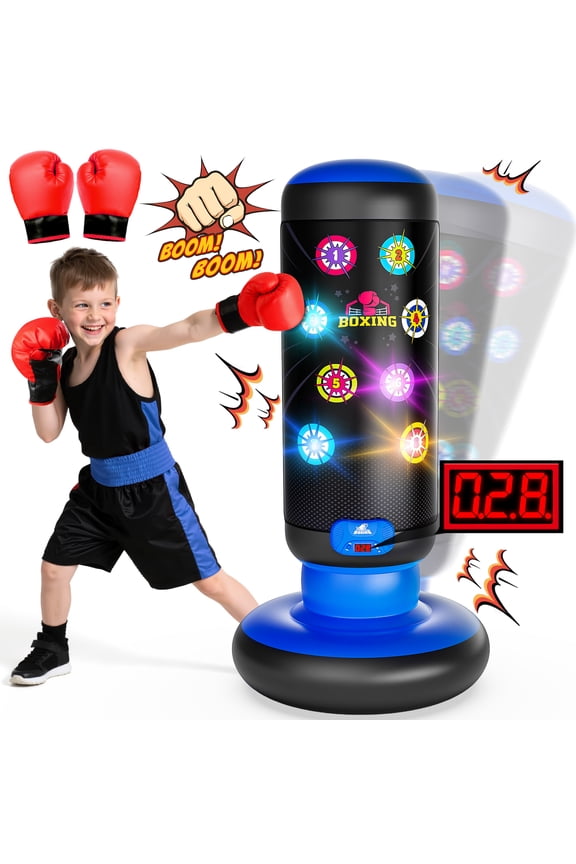 Kids Punching Bag with Light & Sound, Blue Inflatable Boxing Toy with Gloves, Scoring System, 4 Play Modes, Indoor Outdoor Fitness Toy Gift for Boys and Girls Ages 4-12