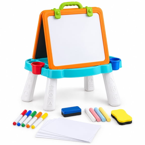 Blue Block Factory Kids 52-Piece Art Easel, Double-Sided Magnetic Whiteboard and Chalkboard with Drawing Supplies and Games
