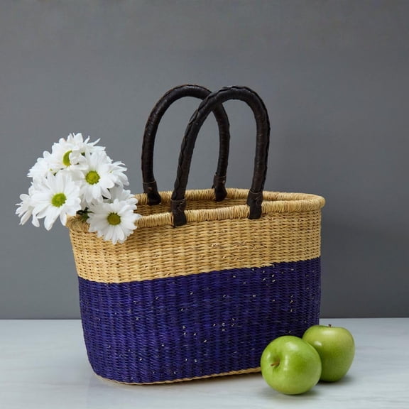 Blue Block Picnic Basket, Reusable Grocery Bag, Farmers Market Tote, Shopping, Fruit Picking, Harvesting, Foraging, Kitchen Countertop, Decorative, Wicker, Woven