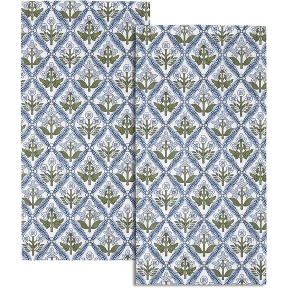 Blue Block Print Flowers Hand Towel Set of 2 Soft Absorbent Spring Summer Navy Blue Tea Towels Baking Cooking Wash Cloth for Holiday Bathroom Kitchen Bar Beach Gym Spa Decor 18x26 Inch