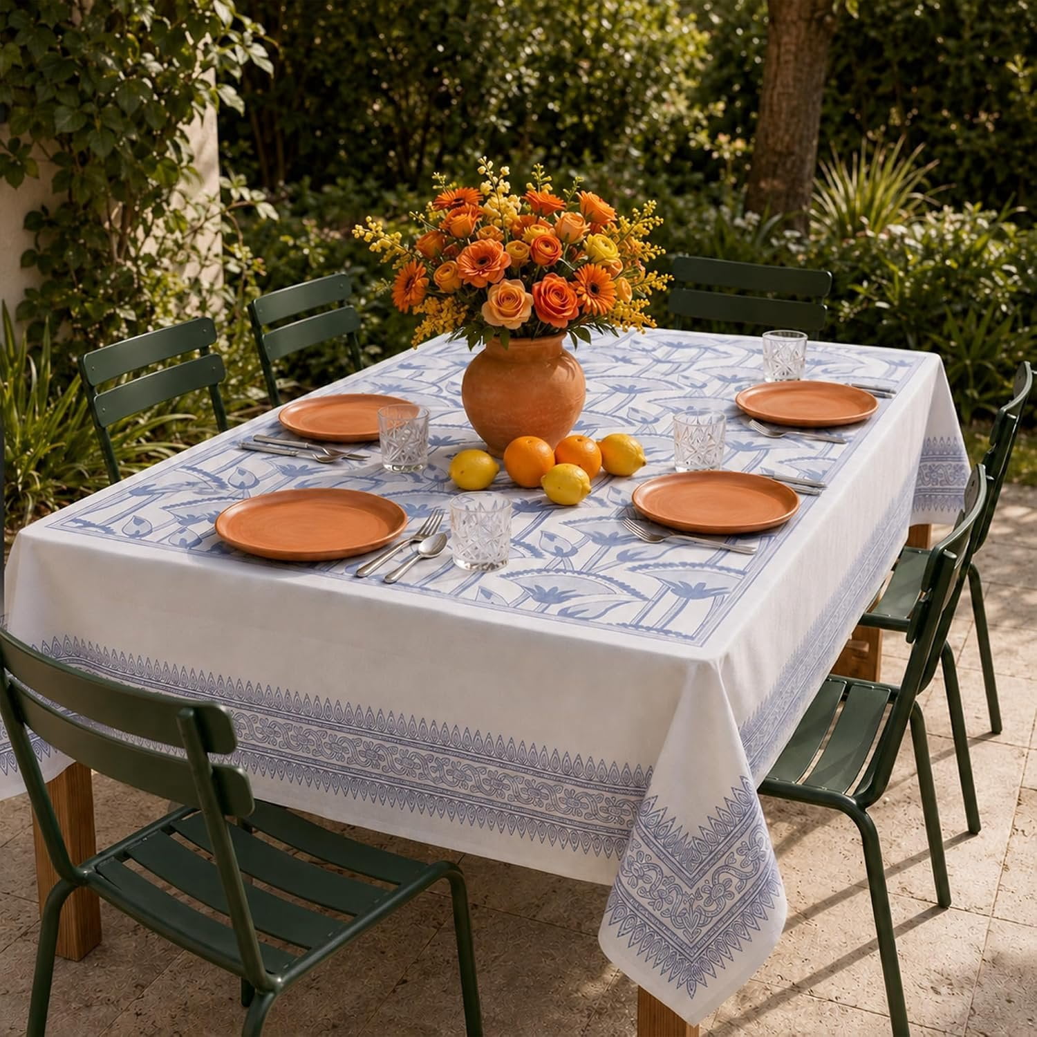 Bedside Table Spring Style Blue Block Print Tablecloth - Linen-Blend Rectangular 60