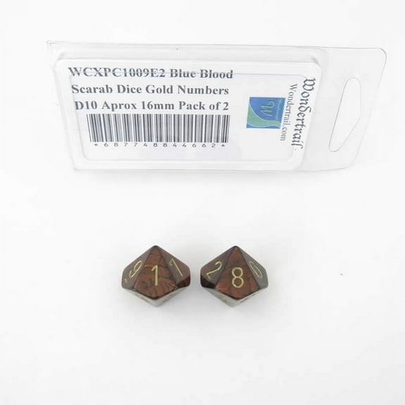 Blue Blood Scarab Dice with Gold Numbers D10 Aprox 16mm (5/8in) Pack of 2 Wondertrail