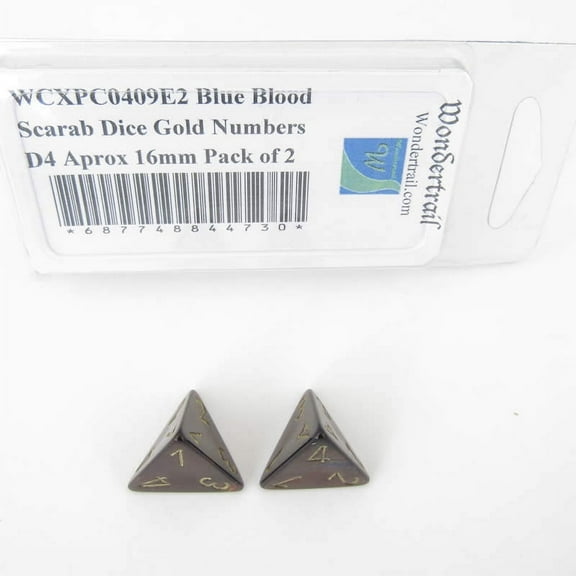 Blue Blood Scarab Dice with Gold Numbers D4 Aprox 16mm (5/8in) Pack of 2 Wondertrail