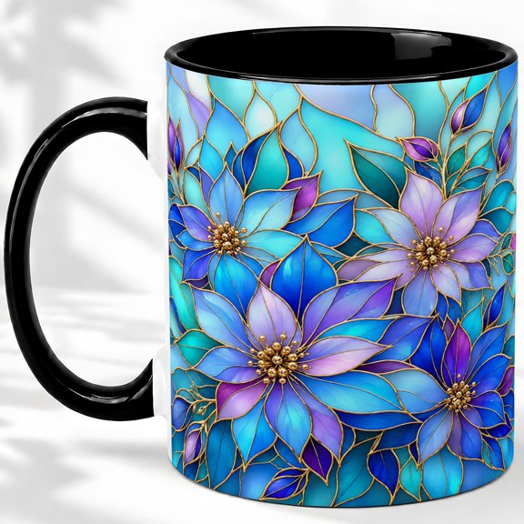 Blue Bloom Coffee Mug, Stained Glass Floral Art, Calm Daily Sips for Tea