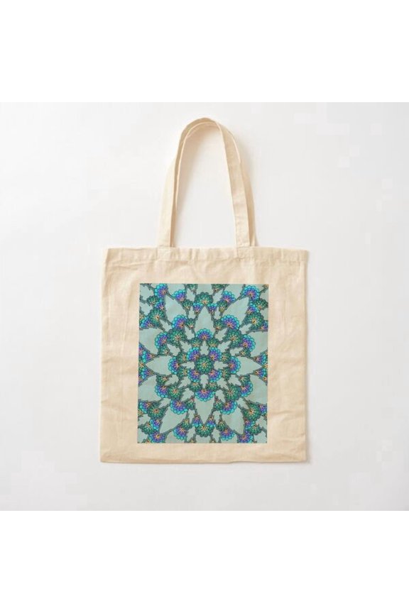 Blue Bloom Henna Symmetry Pattern Flowers Canvas Tote Bags, Reusable Shopping Bag