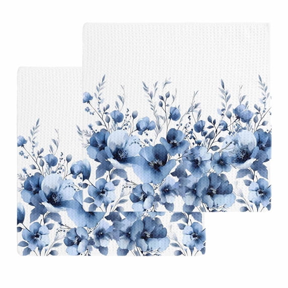 Blue Blooms Floral Kitchen Dish Towels for Drying Dishes Set of 2, Farmhouse Spring Flowers Botanical Waffle Weave Microfiber Hand Tea Bathroom Towels Quick Dry & Absorbent Towel 12x12