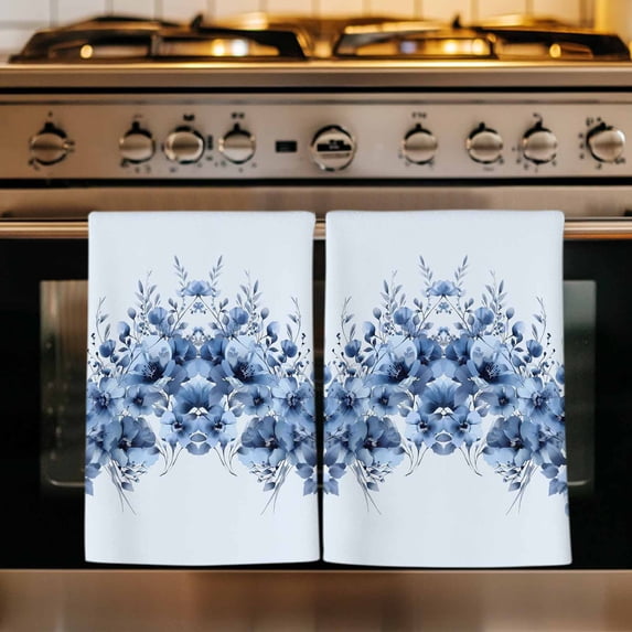 Blue Blooms Floral Kitchen Towels Set of 2, Spring Flowers Botanical Blue Ombre Absorbent Dish Towels for Kitchen, Microfiber Hand Towel, Quick Drying Tea Towel for Cleaning Decorative Dishcloths