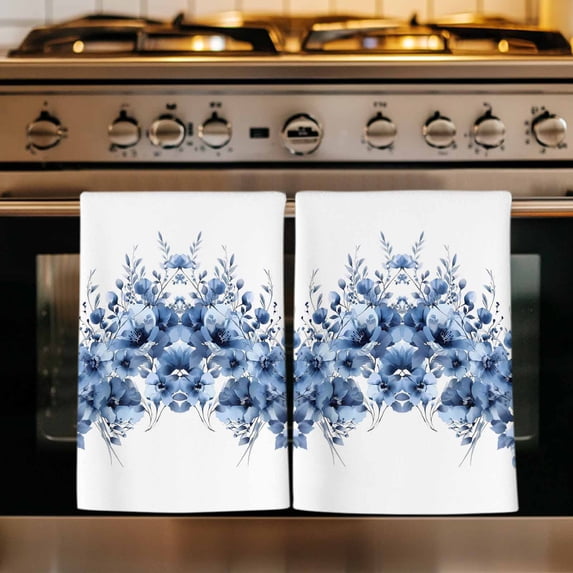 Blue Blooms Floral Kitchen Towels Set of 3, Farmhouse Spring Flowers Botanical Absorbent Dish Towels for Kitchen, Microfiber Hand Towel, Quick Drying Tea Towel for Cleaning Decorative Dishcloths