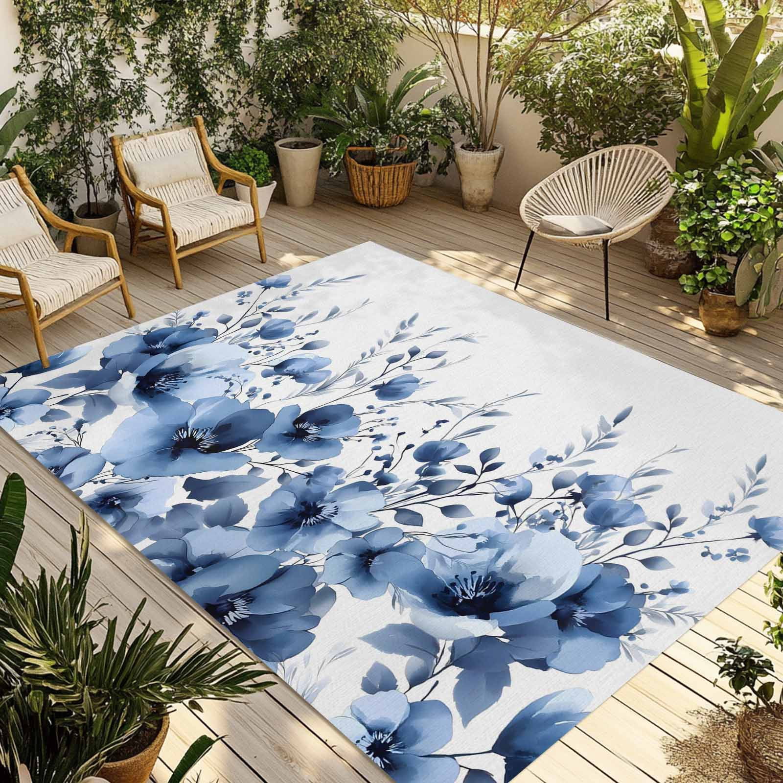 Blue Blooms Floral Outdoor Rug for Patio/Deck/Porch, Non-Slip Large ...