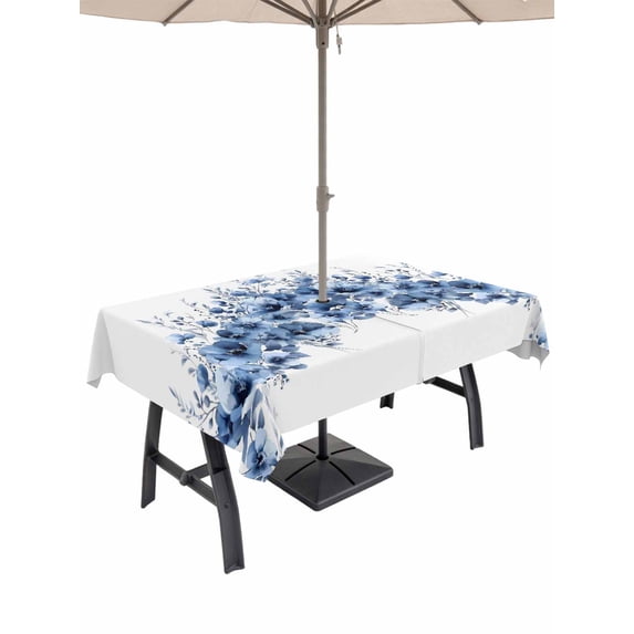 Blue Blooms Floral Outdoor Tablecloth - 52x70 Inch Rectangle Dining Table Cover, Farmhouse Spring Flowers Botanical Waterproof Outdoor Table Cloth with Umbrella Hole & Zipper for Picnic/Patio/Party