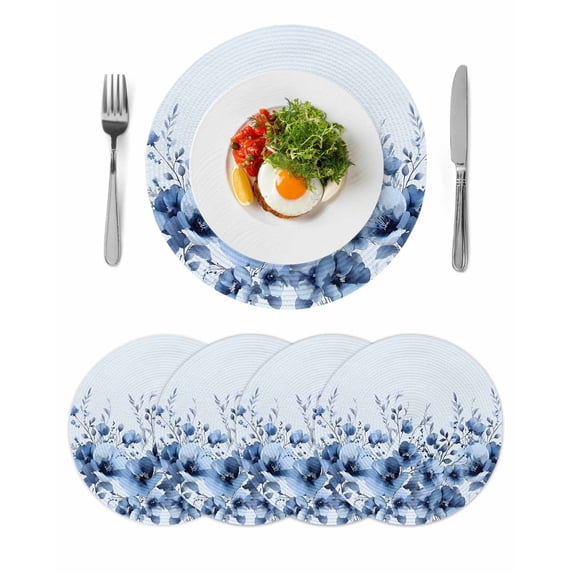 Blue Blooms Floral Round 15 Inch Placemats Set of 4, Spring Flowers Botanical Blue Ombre HeatResistant Non Slip Place Mats for Dining Table, Wipeable Braided Kitchen Table Mats for Housewarming