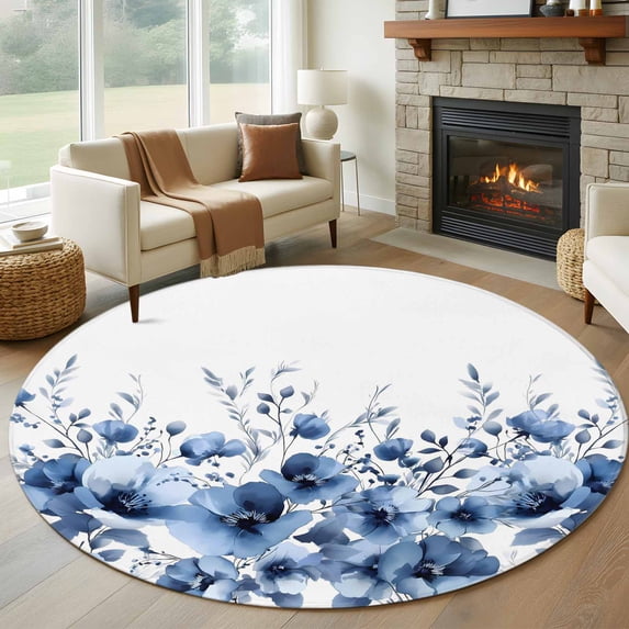 Blue Blooms Floral Round Area Rug 6Ft Washable Circle Rugs for Bathroom Office, Farmhouse Spring Flowers Botanical Non-Slip Carpet Floor Mats Indoor Outdoor Carpet Runner Aesthetic Home Decor
