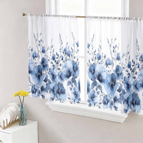 Blue Blooms Floral Sheer Curtains 45 Inch Length 2 Panels Set Window Treatments, Farmhouse Spring Flowers Botanical Rod Pocket Semi Curtains for Living Room/Bedroom/Kitchen Décor, 104"W x 45"L