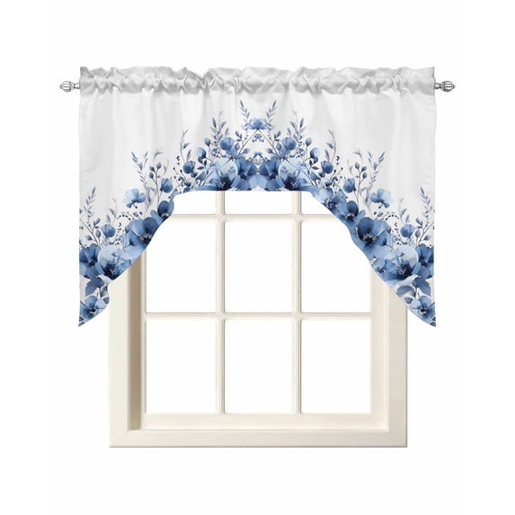 Blue Blooms Floral Swag Valances for Windows, Small Curtains Drapes, Farmhouse Spring Flowers Botanical Kitchen Window Curtains Over Sink Window Treatment Valance for Bedroom/Bathroom 56"x36"