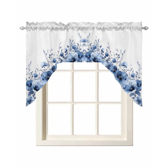 Blue Blooms Floral Swag Valances for Windows, Small Curtains Drapes, Farmhouse Spring Flowers Botanical Kitchen Window Curtains Over Sink Window Treatment Valance for Bedroom/Bathroom 56"x36"