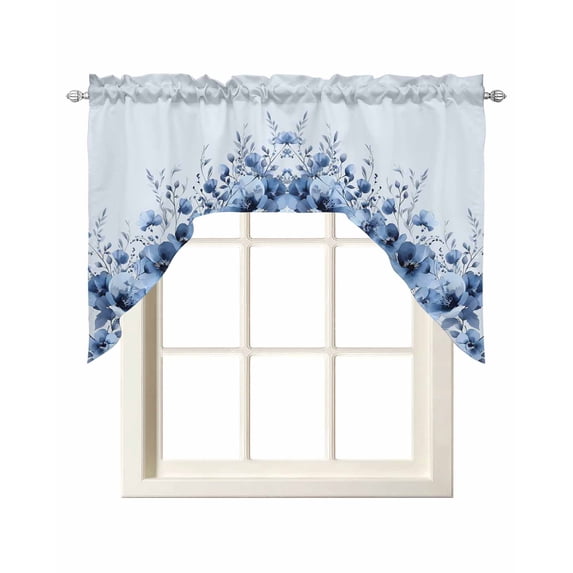 Blue Blooms Floral Swag Valances for Windows, Small Curtains Drapes, Spring Flowers Botanical Blue Ombre Kitchen Window Curtains Over Sink Window Treatment Valance for Bedroom/Bathroom 56"x36"
