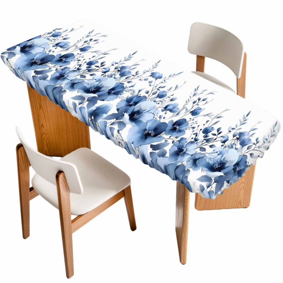 Blue Blooms Floral Table Cloths for 8 Foot Rectangle Tables, Farmhouse Spring Flowers Botanical Patio Waterproof Elastic Fitted Tablecloths, Washable Rectangular Table Cover for Camping