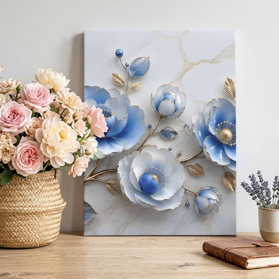 Blue Blossom Canvas Wall Art for Living Room, Golden Stem Floral Petals Bud 3D Sculpted Texture Poster Print Painting for Desk Vanity Narrow Stair Wall Decoration Wall Pictures Prepare To Hang 8"x10"