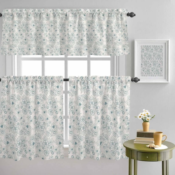 Blue Blossom Floral Sketch Art Curtain Tier and Valance Set 3 Piece, Summer Flower Plant on Burlap 3-inch Rod Pocket Window Tier Curtains Valance for Kitchen Living Room