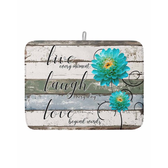Blue Blossom Flower on Wood Barn Dish Drying Mats for Kitchen Counter,Absorbent Microfiber Dish Drainer Rack Mat Love Quote Drying Pad for Sinks,Utensils,Countertops,18x24in