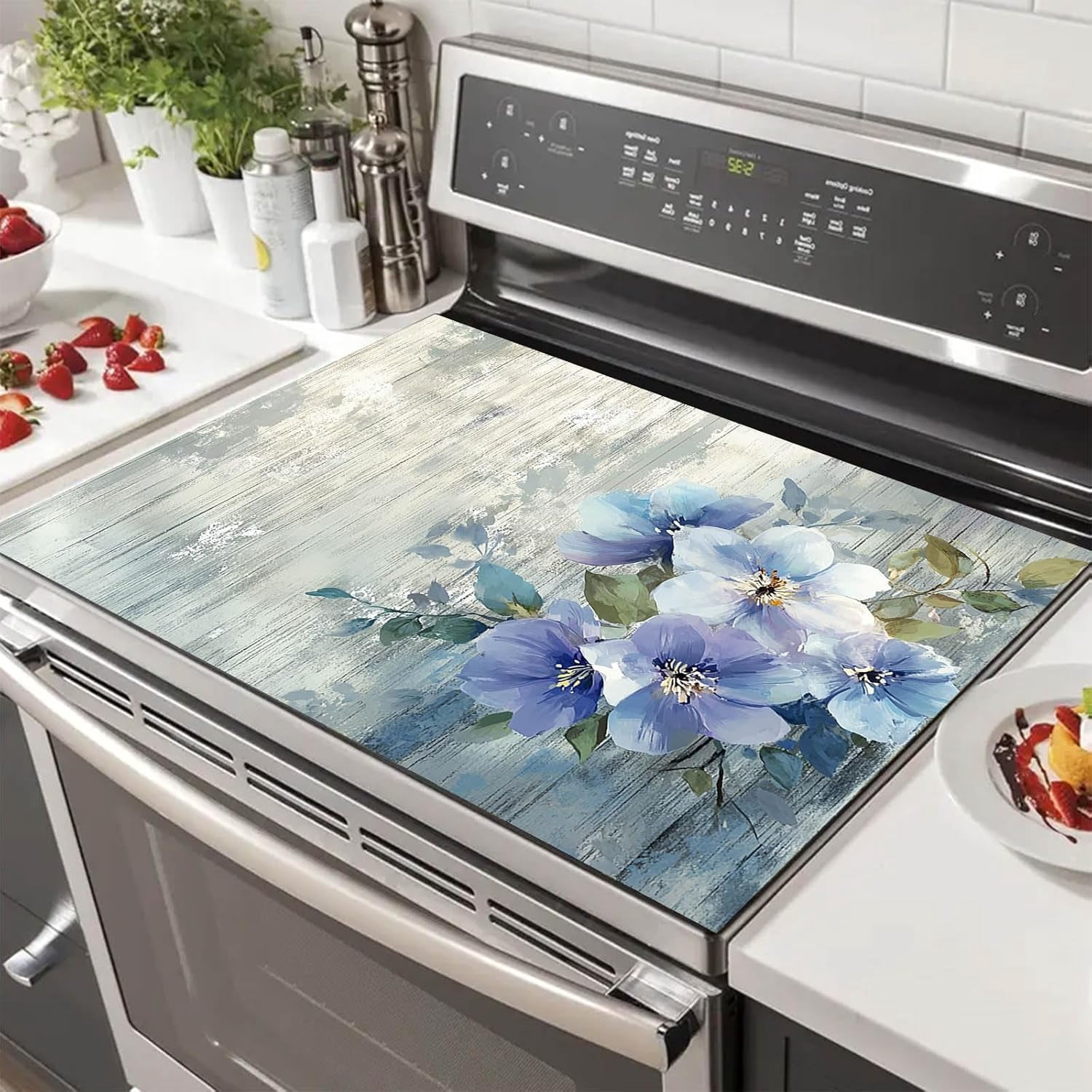 Blue Blossom Stove Top Cover for Electric 28x20 Inch Diatomite Kitchen Decor Glass Cooktop Protector Heat Resistant Countertop Mat Elegant Floral Design Stove Cover