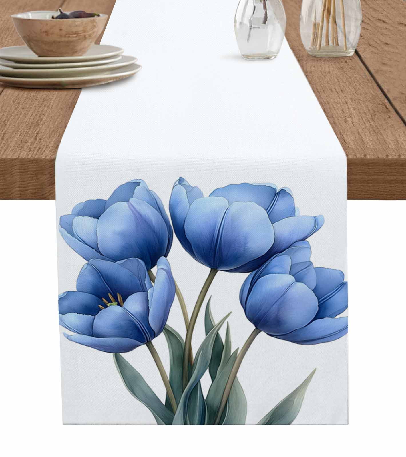 Lsrtoss Spring Floral Table Runner – 90 Inches Long, Blue Tulip Botanical Print, Cotton Linen Blend For Farmhouse Decor - View #5