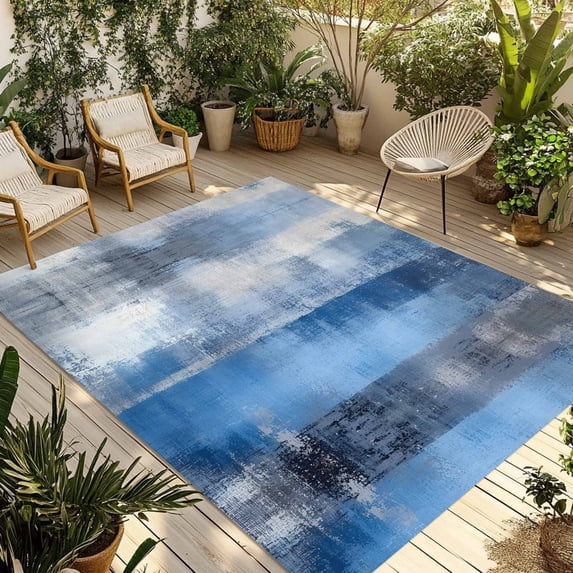 Blue Blue Outdoor Rug, Grey Abstract Art Graffiti Non-Slip Area Rugs ...