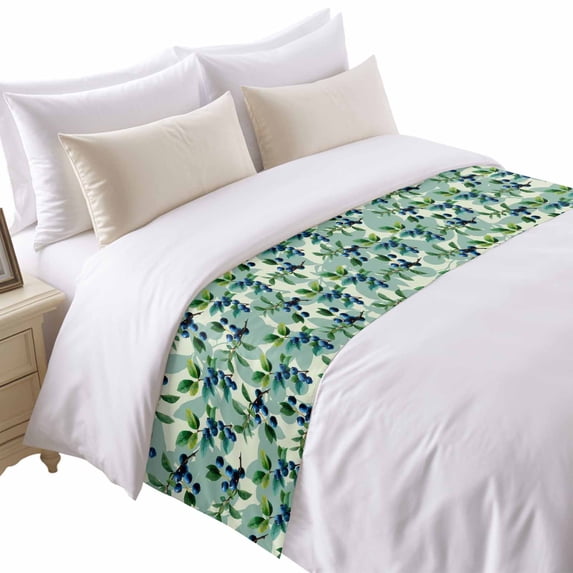 Blue Blueberries Bed Runner for Cal King Size Bed, Green Leaf Spring Fruit Plant Nature Soft Bedding Scarf Bedding Protector Slipcover Sofa Throw for Bedroom Hotel Guesthouse