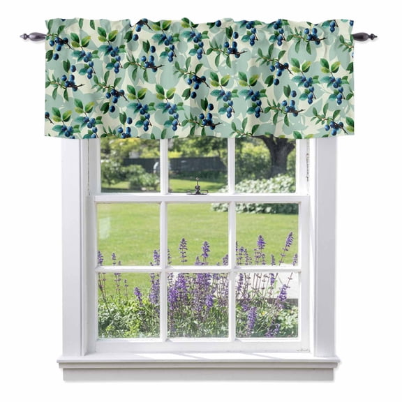 Blue Blueberries Valances for Windows Green Leaf Spring Fruit Plant Nature Rod Pocket Cafe Window Treatments Valance Curtains for Kitchen Bathroom Laundry Basement Windows 42"x12"