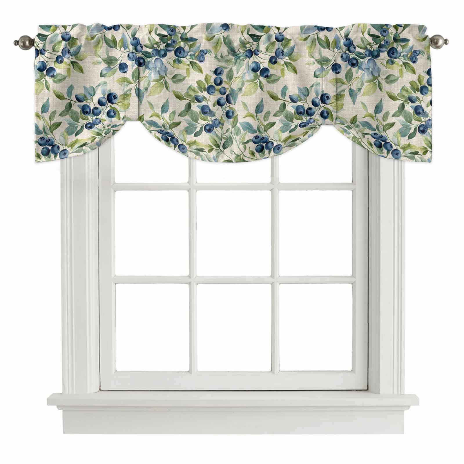 Blue Blueberry Tie Up Valance for Windows, Green Leaf Pastoral Plant Vintage Linen Adjustable Rod Pocket Tie Up Valance Curtains Window Treatment for Kitchen Bathroom Bedroom 60 X 18 Inch
