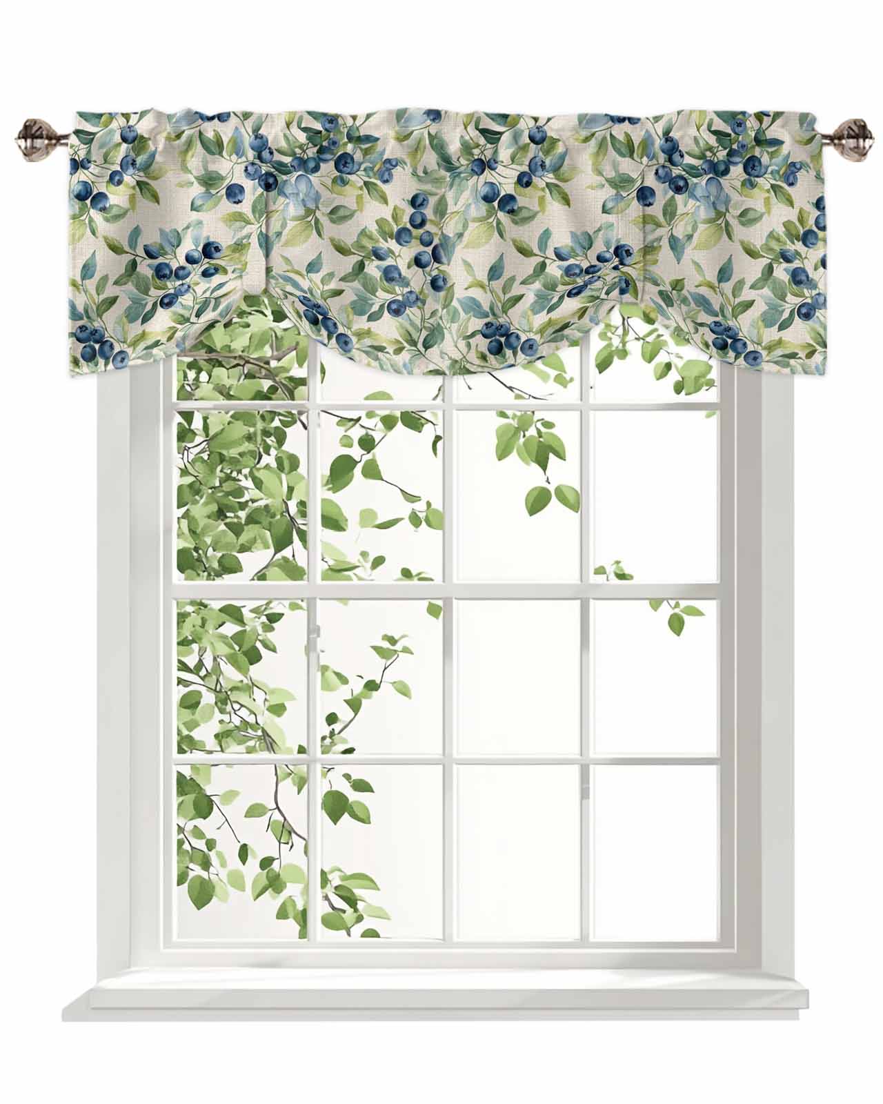 Blue Blueberry Tie Up Valances Curtain, Adjustable Kitchen Green Leaf Pastoral Plant Vintage Linen Valances for Windows Decor, Rod Pocket Short Curtains Set for Bedroom/Bathroom, 54"x18"