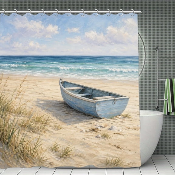 Blue Boat Beach Print Shower Curtain,Modern Fabric Waterproof Shower Curtain Set with Hooks,70.8×70.8Inch