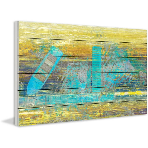 "Blue Boat Docked" Painting Print on White Wood