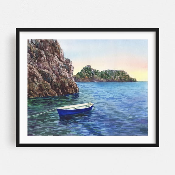 Blue Boat Drifting At Amalfi Shore Italy Watercolor Landscape - Italy Painting Watercolor Seascape Boat Landscape Coastal Ocean Nature Black Framed Wall Art Print 6 x 8 inches