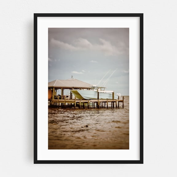 Blue Boat at Mullet Point - Fairhope Alabama Photography Boat Nautical Harbor Coastal Seascape Water Maritime Black Framed Wall Art Print 5 x 7 inches